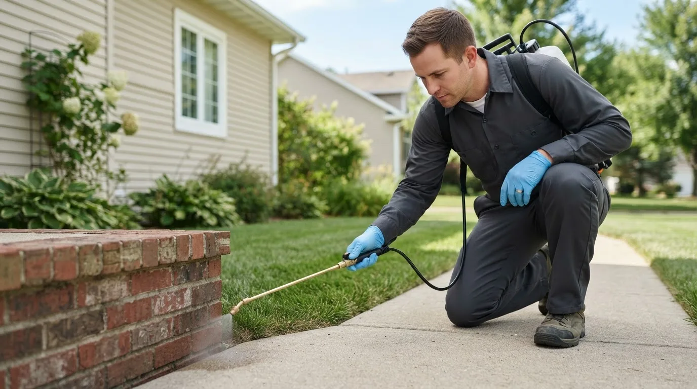 Pest control technician treating a home near South Acworth, NH